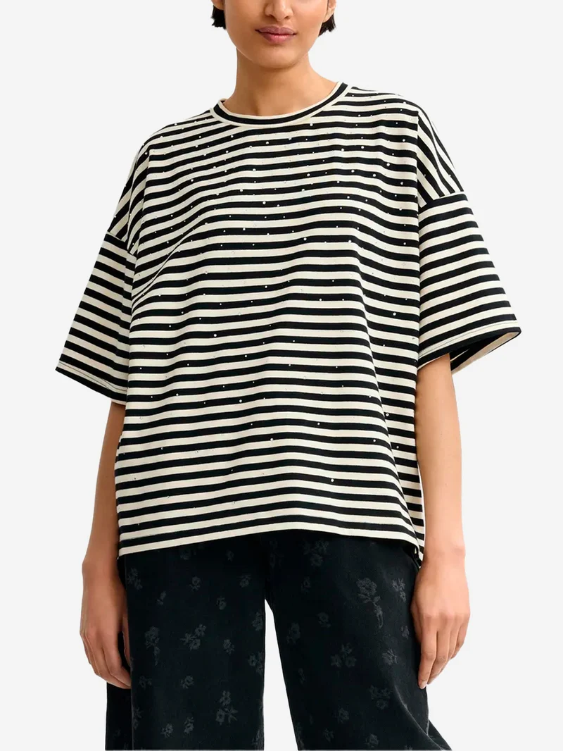 T-shirt oversize in cotone a righe bianche e nere impreziosita da strass