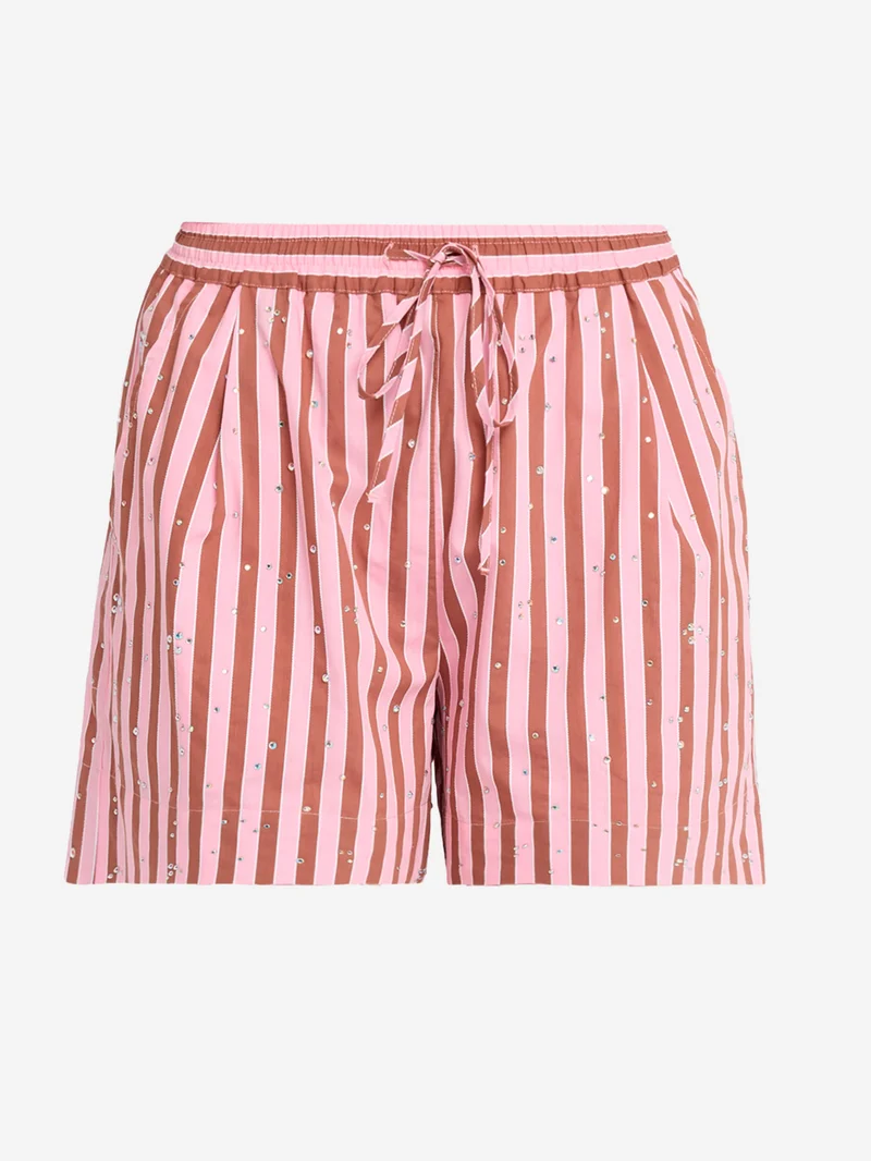 Pantaloncini a righe marroni e rosa con decorazioni di strass