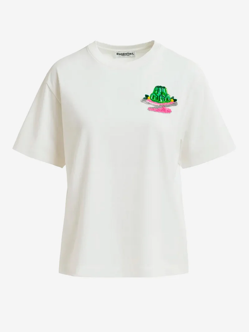 T-shirt bianca con pailettes e ricamo