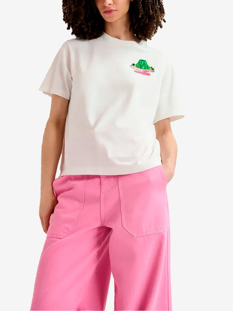 T-shirt bianca con pailettes e ricamo