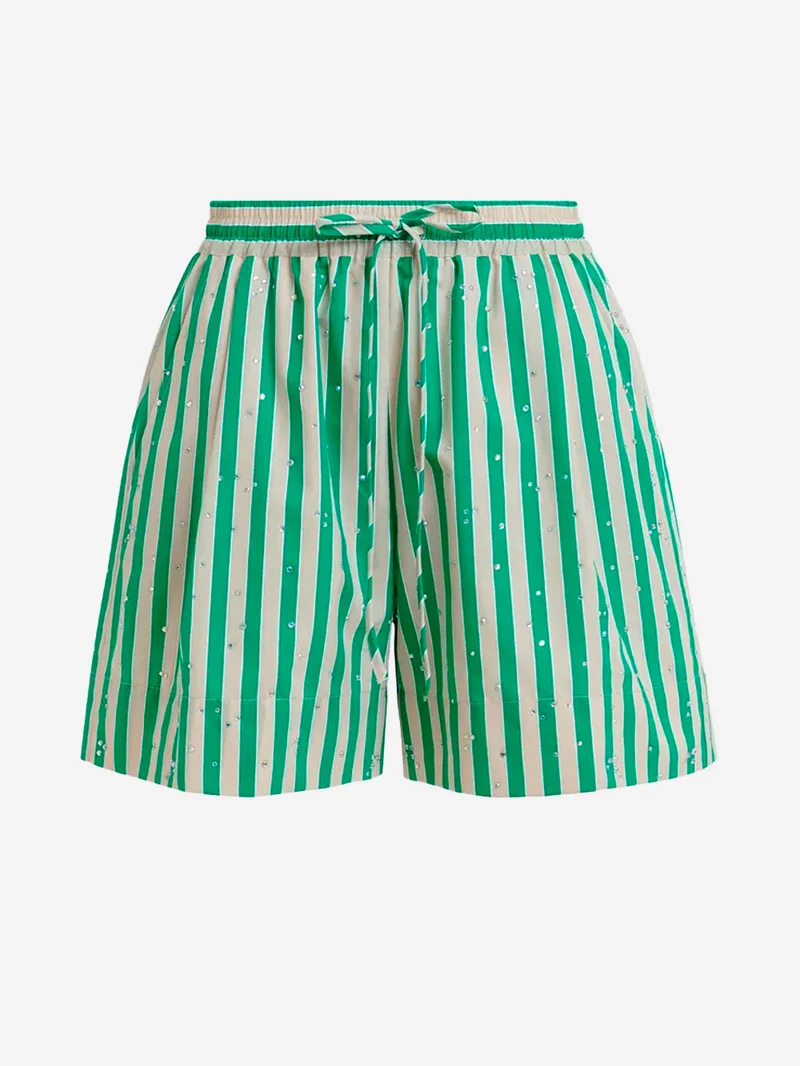 Pantaloncini a righe verdi e crema con decorazioni di strass