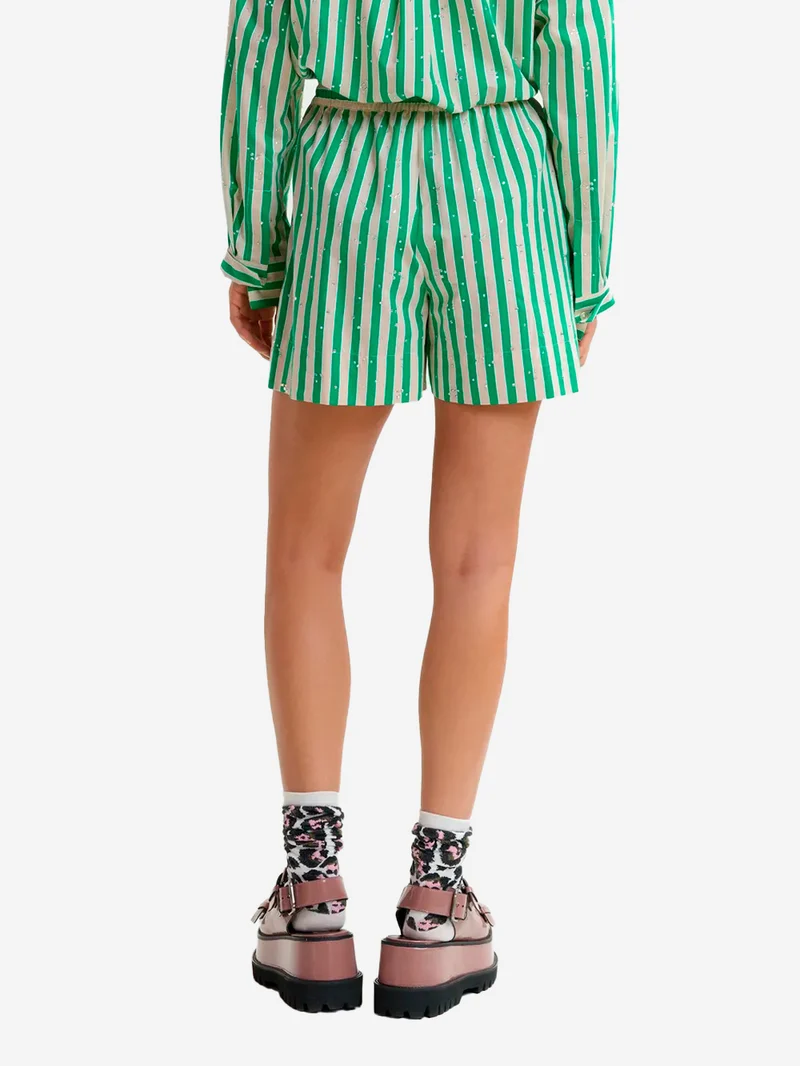Pantaloncini a righe verdi e crema con decorazioni di strass