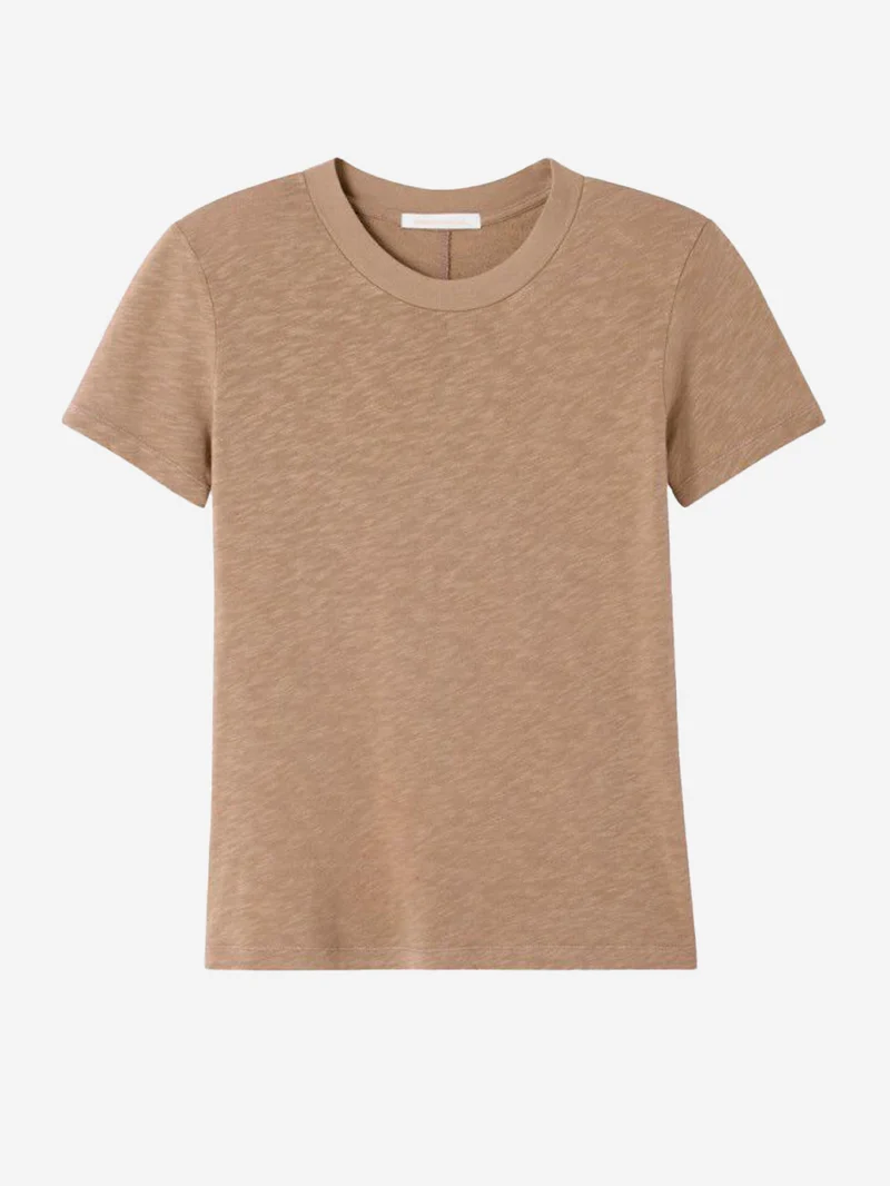 T-shirt girocollo marrone chiaro in cotone testurizzato