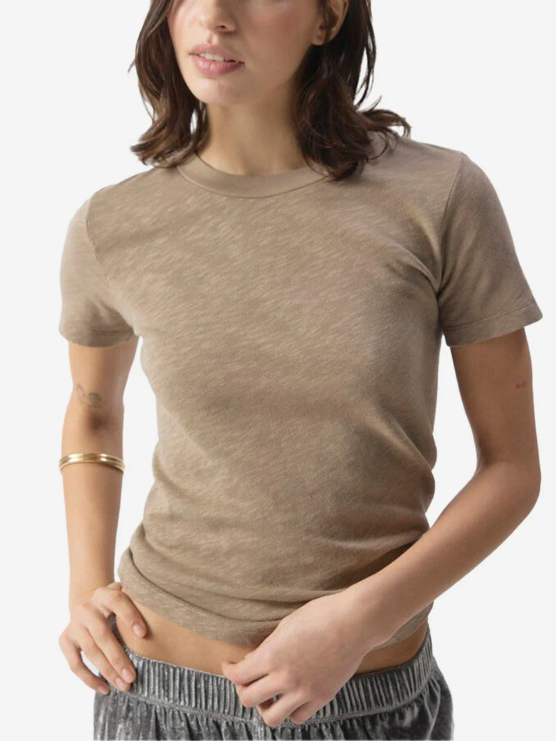 T-shirt girocollo marrone chiaro in cotone testurizzato