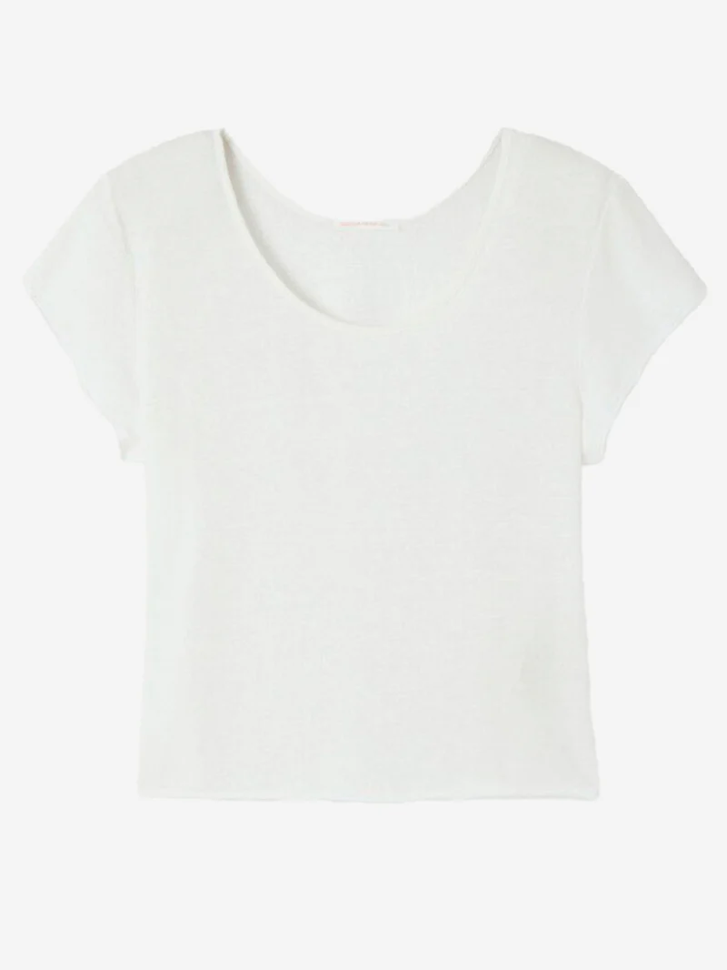 T-shirt bianca in misto lino con scollo a u