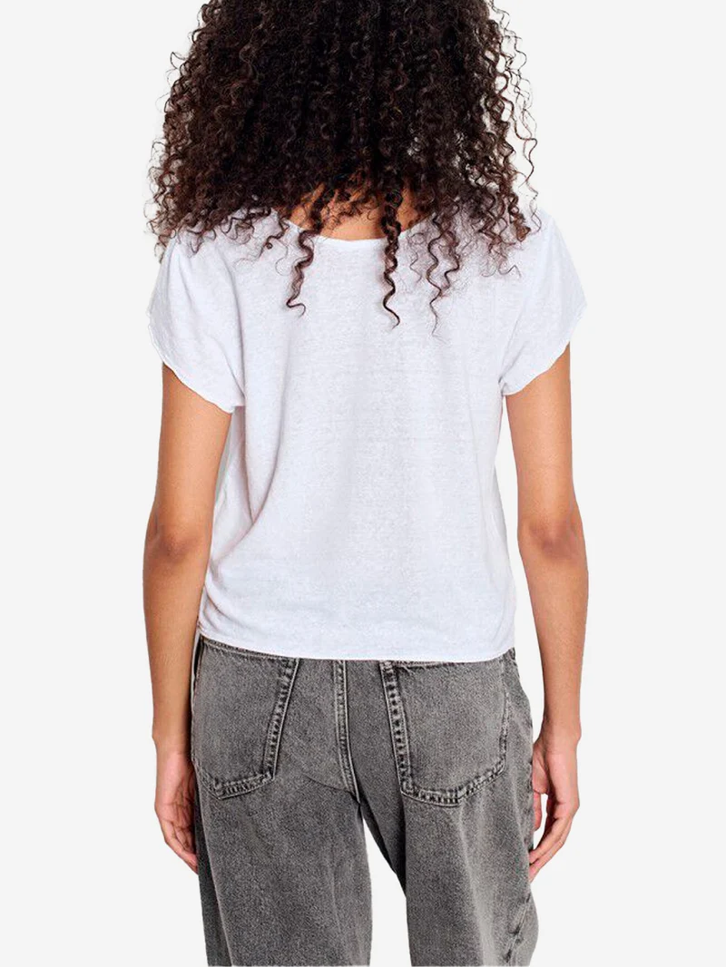 T-shirt bianca in misto lino con scollo a u