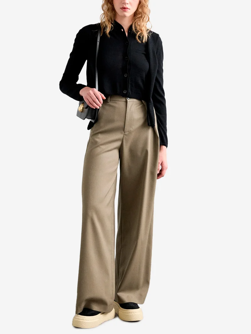 W Pantaloni beige misto lana gamba larga