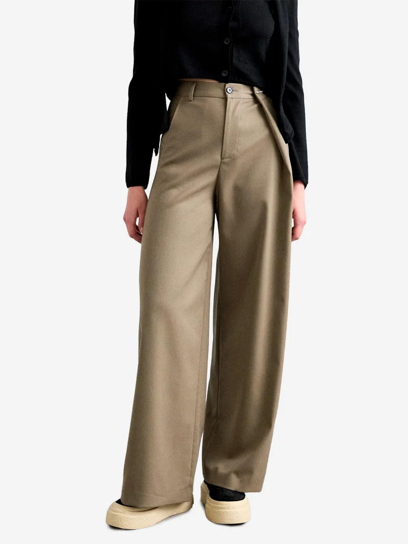 W Pantaloni beige misto lana gamba larga