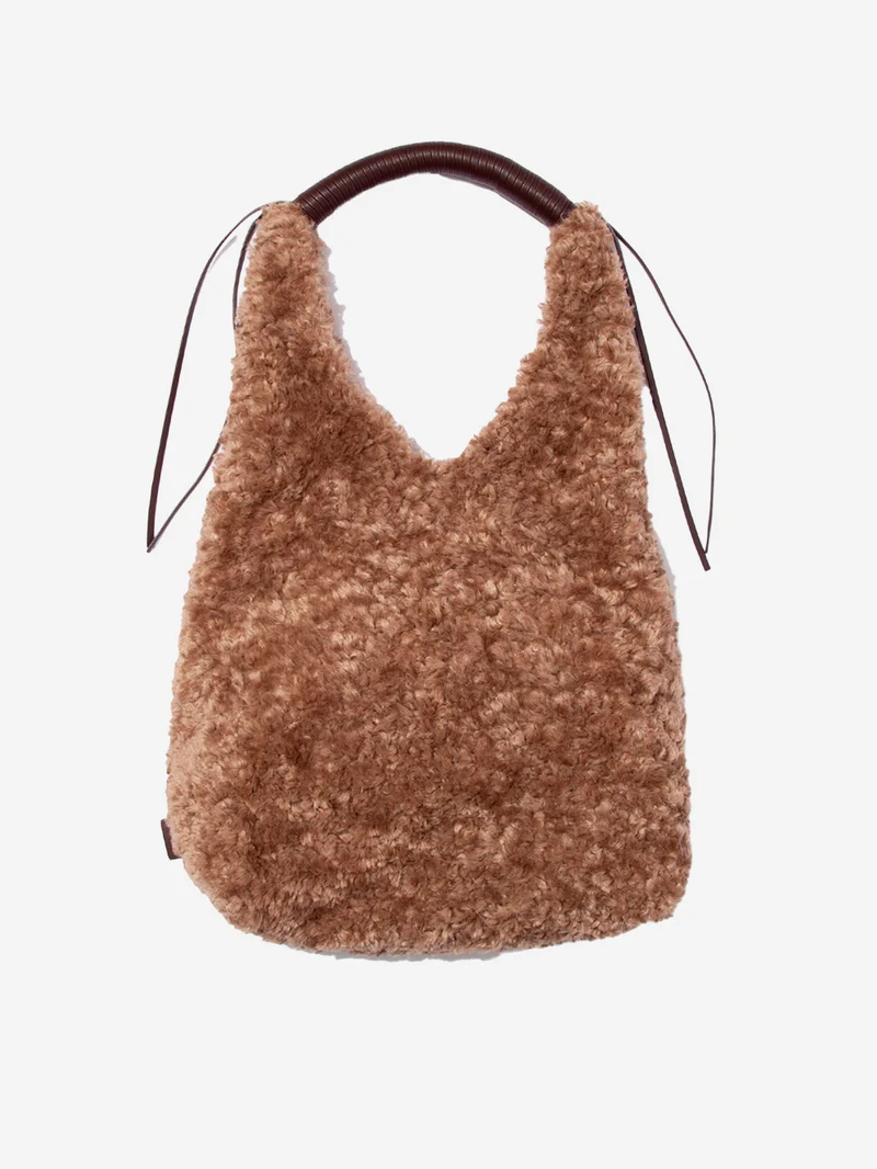 Borsa marrone in pelliccia sintetica Wrappring Handle tote