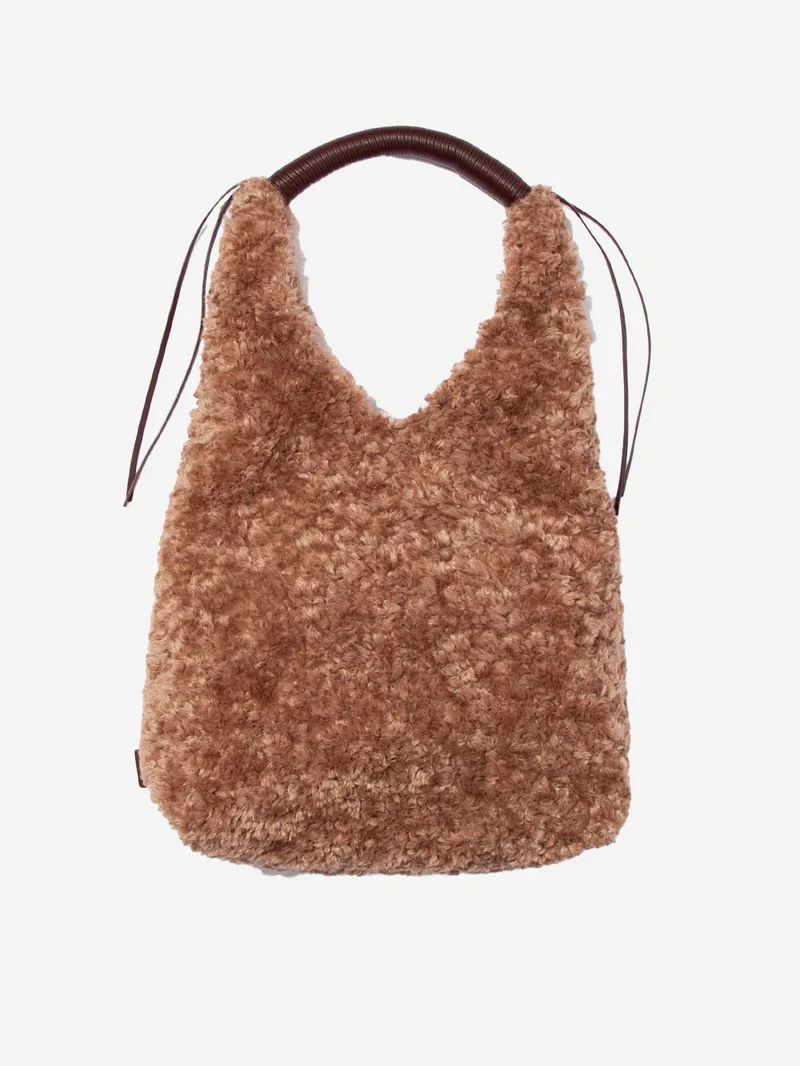 Borsa marrone in pelliccia sintetica Wrappring Handle tote