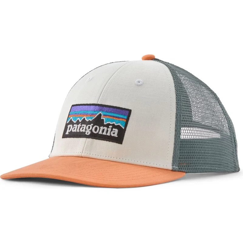 Patagonia P-6 Logo Lopro Trucker Cap white w peach sherbet