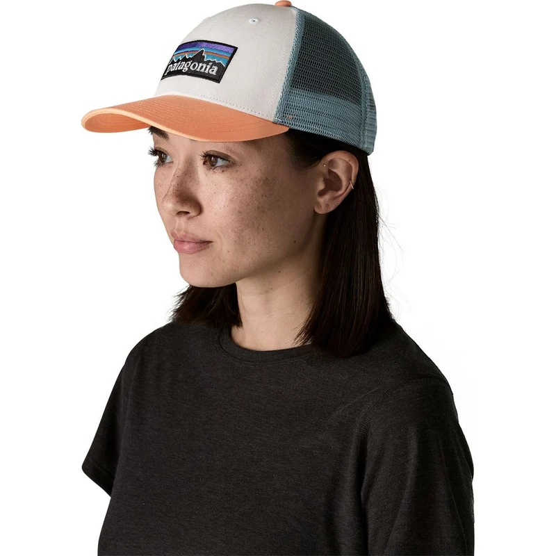 Patagonia P-6 Logo Lopro Trucker Cap white w peach sherbet