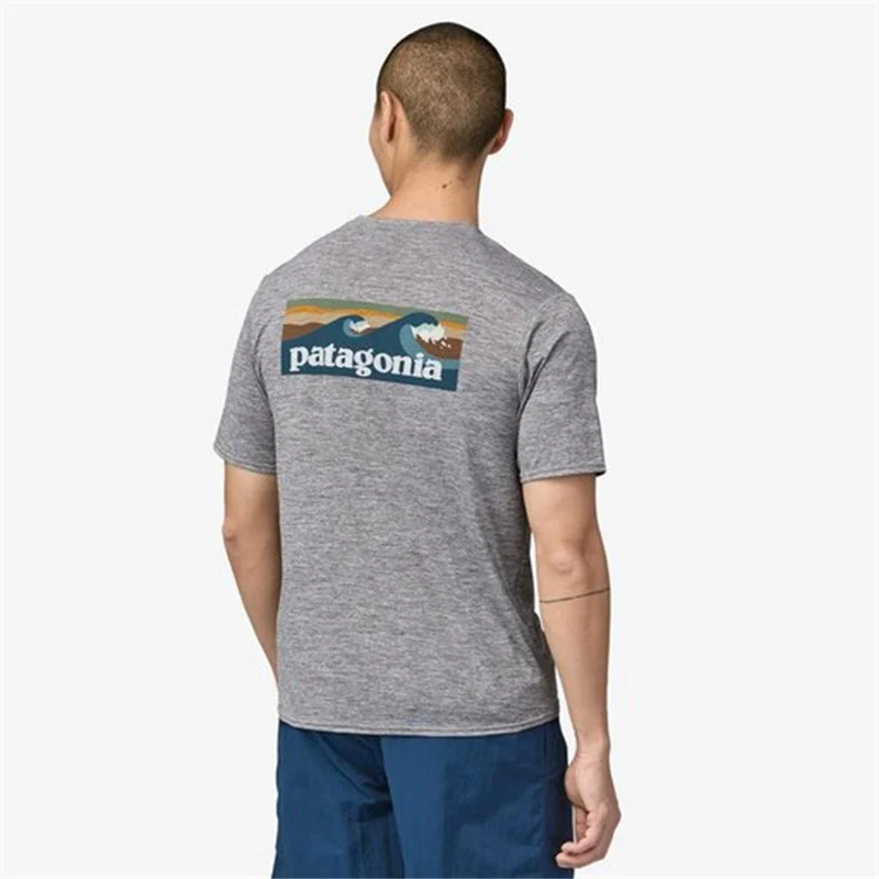 Patagonia Capilene Cool Daily Graphic Shirt-Waters Boardshort Logo Abalone Blue: Feather Grey